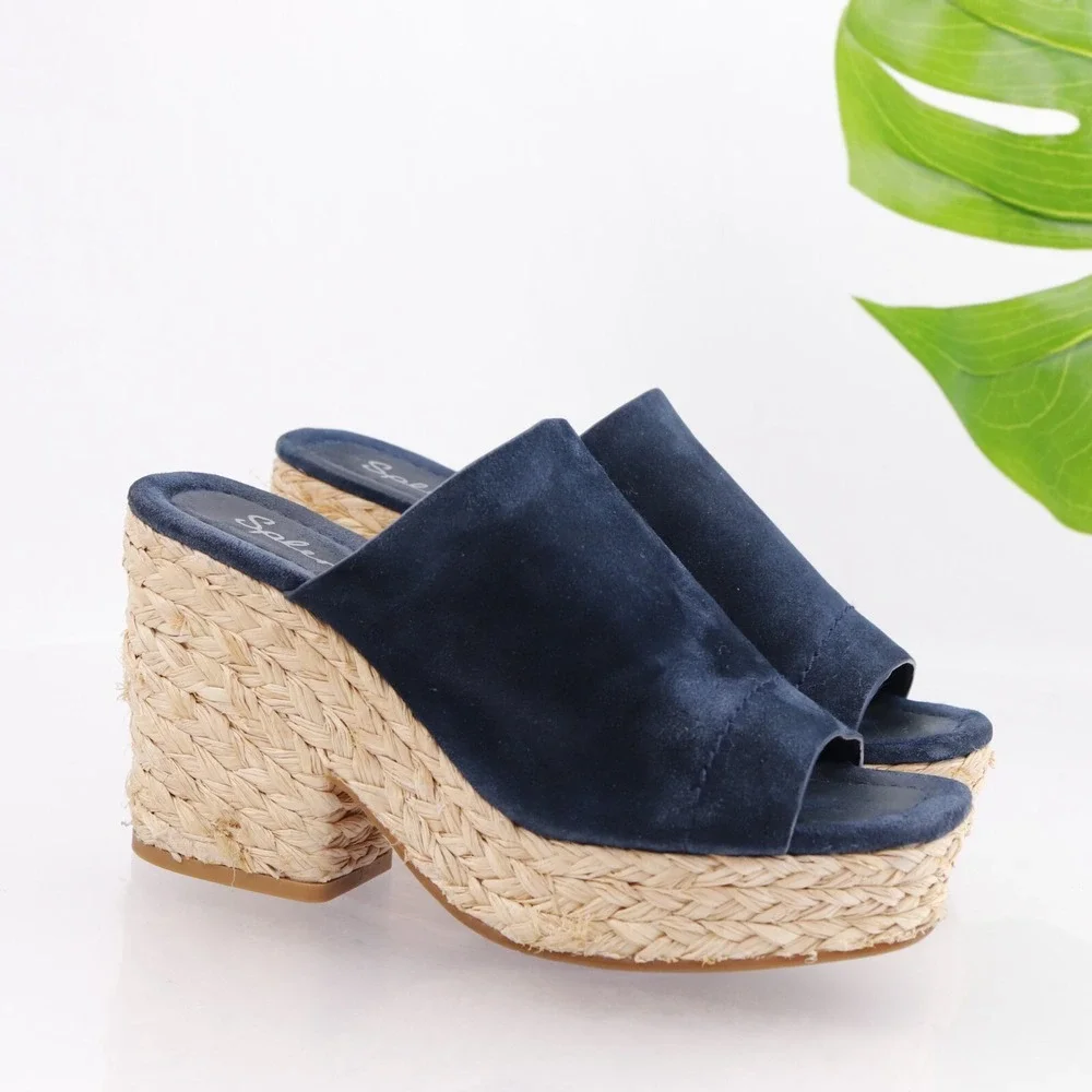 Splendid Womens Theodore Mules Sandals Size 7.5 M Navy Suede Platform Heel Shoes